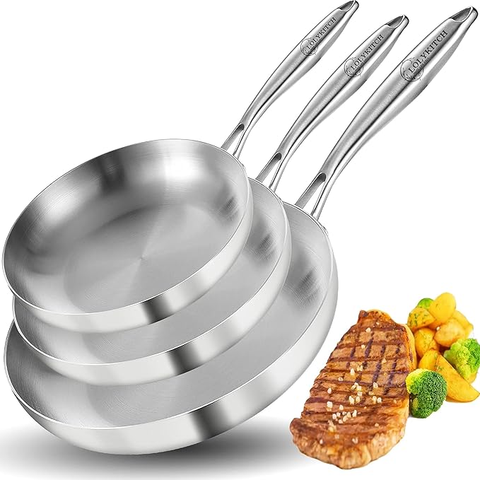 LOLYKITCH Tri-Ply Stainless Steel Frying Pan Set, 3-Piece (8+10+12 Inch) Stainless Steel Cookware, Induction Compatible Skillets for All Stovetops, Dishwasher Safe Pans