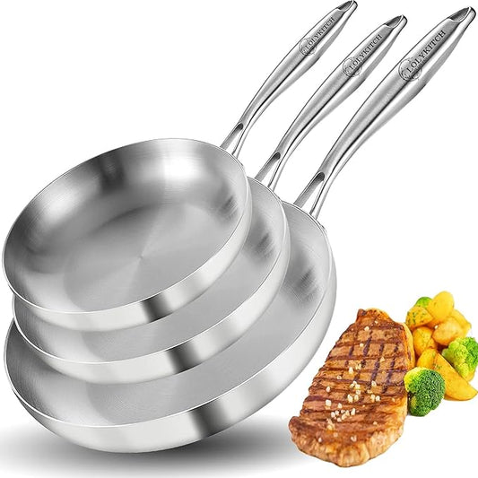 LOLYKITCH Tri-Ply Stainless Steel Frying Pan Set, 3-Piece (8+10+12 Inch) Stainless Steel Cookware, Induction Compatible Skillets for All Stovetops, Dishwasher Safe Pans