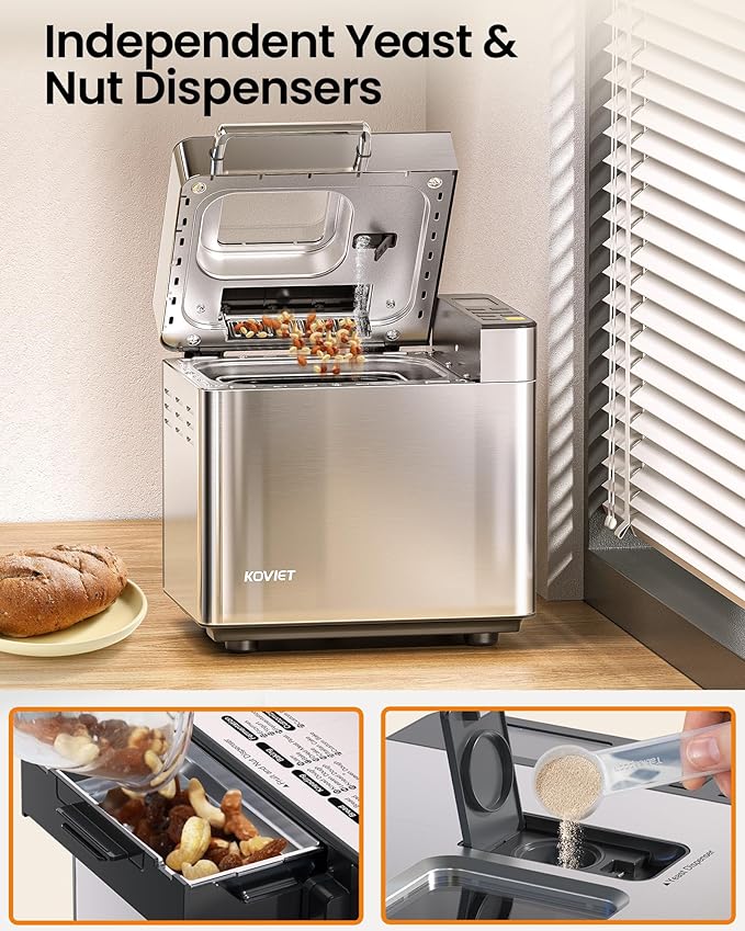 25-in-1 Bread Maker Machine with Automatic Dual Dispenser, 2LB Stainless Steel Breadmaker with Gluten-Free, Dough, Jam, Yogurt etc Settings, Silver