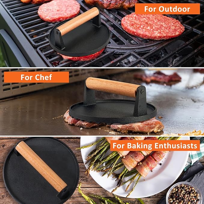 Leonyo Melting Dome & Cast Iron Grill Press, 12" Basting Cover with Round Bacon Press, Burger Smasher for Griddle, Food Steamer Lid Smash Burger Kit for Flat Top Grill Cooking Cheese, Meat
