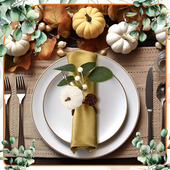 Set of 6 Thanksgiving Napkin Rings White Pumpkin Artificial Eucalyptus Ring Holder Thanksgiving Fall Pumpkin Napkin Holder for Wedding Gathering Dinner Table Decoration