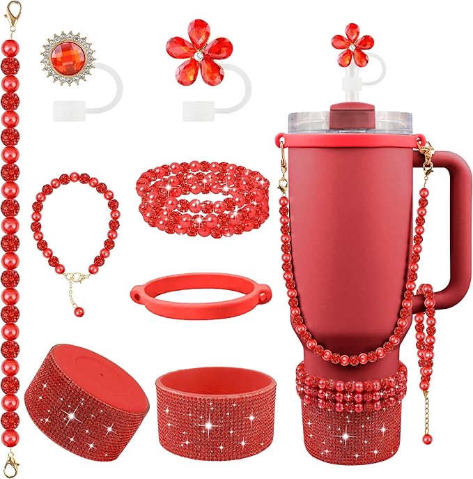 9PCS Christmas Red of Stanley Cup Accessories Set 30/40 OZ Bling Pearl Rhinestones Charms for Stanley Decorations Tumbler Accessories Including Flower Straw Topper, Rhinestones Boot 30/40 OZ
