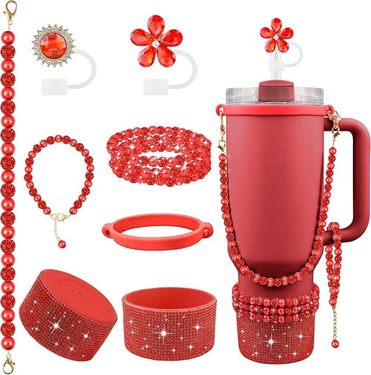 9PCS Christmas Red of Stanley Cup Accessories Set 30/40 OZ Bling Pearl Rhinestones Charms for Stanley Decorations Tumbler Accessories Including Flower Straw Topper, Rhinestones Boot 30/40 OZ