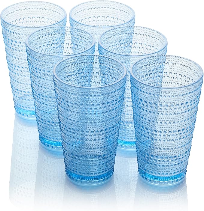 Santa Fe Blue Set of 6 Premium Acrylic Ice Tea Glass 22 oz – Unbreakable Drinkware with Textured Bubble Design, Shatterproof Tumblers for Indoor & Outdoor Use