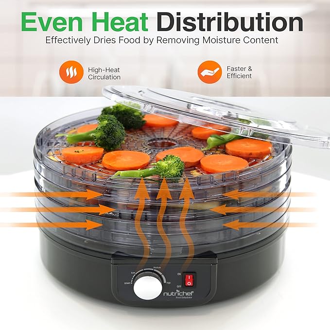 NutriChef Electric Countertop Food Dehydrator - Professional Multi-Tier Food Preserver - Dehydrates Fish, Meats, Mushrooms, Fruits & Vegetables - 5 Easy to Clean Stackable Trays., One Size, Black