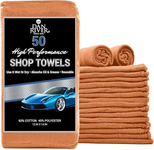 DAN RIVER Shop Towels, 50 Pack Commercial Use Orange Terry Cloth Rags for Cleaning Cars & Household Surfaces – Well Absorbent, Reusable Cleaning Rags & Wash Clothes – Washable Towels