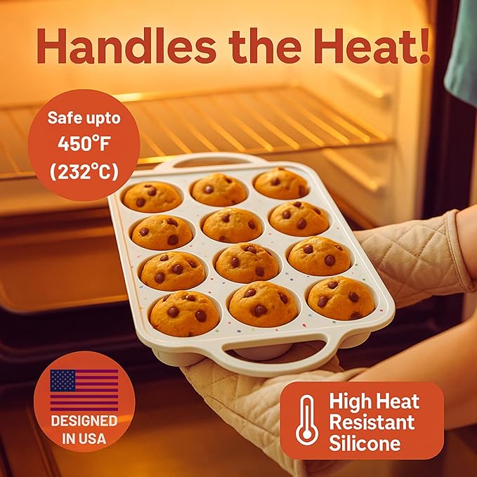 BAKE BOSS 2-Pack Regular Muffin Pan – 12-Cup Silicone Muffin Pans for Baking with Metal-Reinforced Frame – Nonstick Silicone Cupcake Pan, BPA-Free Muffin Tray, Oven & Dishwasher Safe – Cream