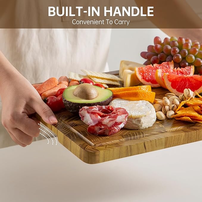 THETCHRY Teak Wood Cutting Boards for Kitchen, End Grain Cutting Board with Juice Groove Handles Non-slip Feet, Reversible Wooden Chopping Board Serving Tray for Cheese and Vegetables, 16.5" x 11.6"