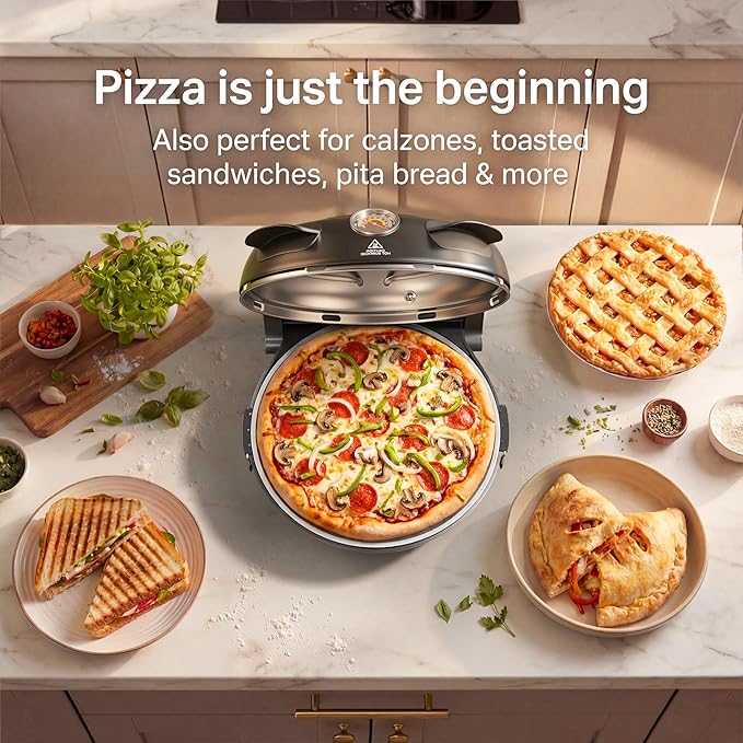 SENSCHEF 12-Inch CrustyBake Beginner's Black Glazed Stone Pizza Oven: Quick 800°F Heating, Easy-Clean Design, Recipe Book & All Tools Included - Perfect for First-Time Pizza Makers at Home