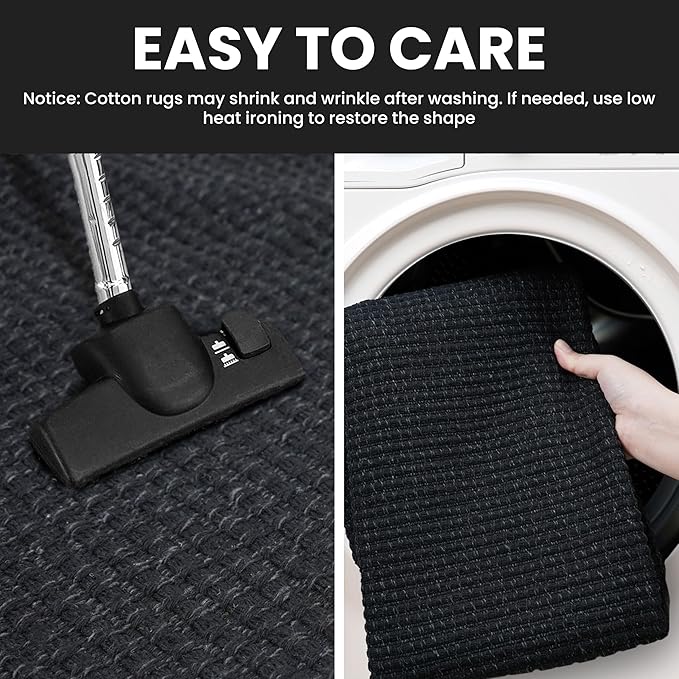 IOHOUZE Washable Runner Rug 2.6x12 Non Slip Rubber Backed Extra Long Hallway Runner Entryway Runner Indoor, Kitchen Rugs Woven Cotton Floor Carpet for Hall Entrance Stair, Black/Grey