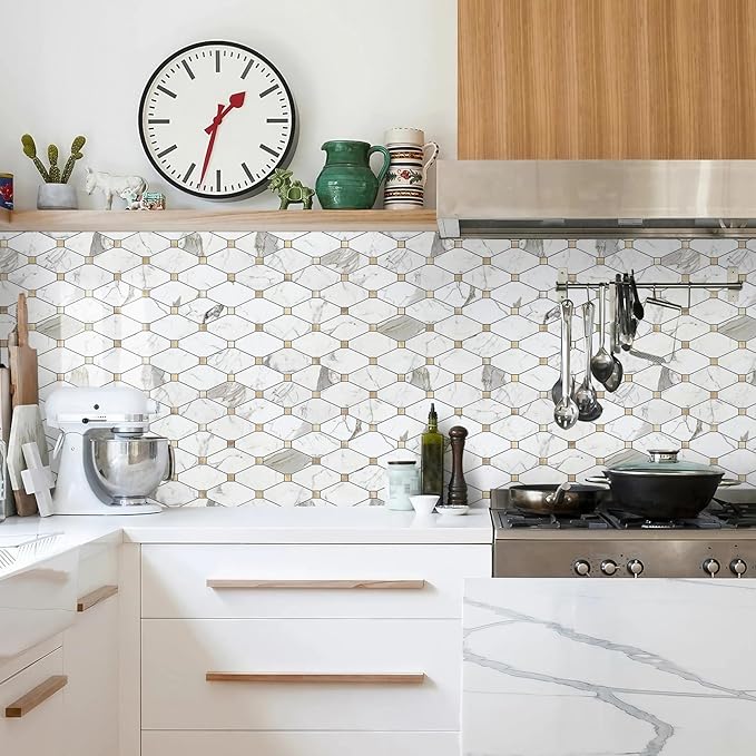 STICKGOO 10 Sheets Peel and Stick Backsplash Tile, Polished Carrara White Marble Look Stick on Backsplash for Kitchen Wall and Bathroom, Glossy Waterproof Self Adhesive Wall Tiles
