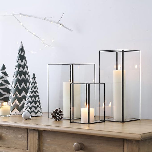 Set of 3 Square Glass Hurricane Candle Holders, Clear Glass Framed in Black-finish Brass , Great for Home Decor and Wedding,Holiday Decor.