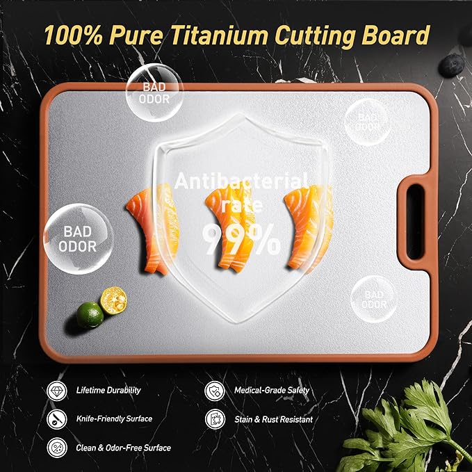 2 in 1 Pure Titanium Cutting Boards for Kitchen with Handle Meat Chopping Board Juice Groove Butcher Block Not Stainless Steel Wood Bamboo Extra Large Big Small Best Kitchen Counter Organic Vegetable