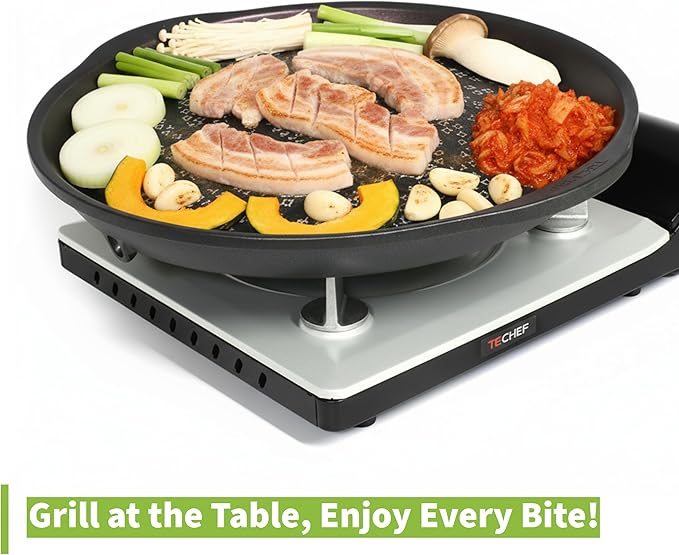 TECHEF - Stovetop Korean BBQ Non-Stick Grill Pan with Agni Portable Gas Stove Burner, Made in Korea (Set w/BBQ Scissors)