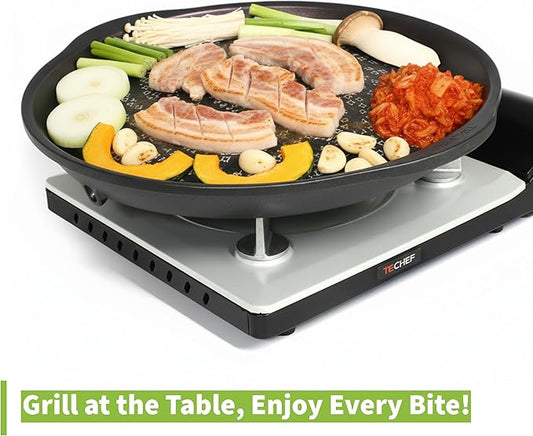 TECHEF - Stovetop Korean BBQ Non-Stick Grill Pan with Agni Portable Gas Stove Burner, Made in Korea (Set w/BBQ Scissors)