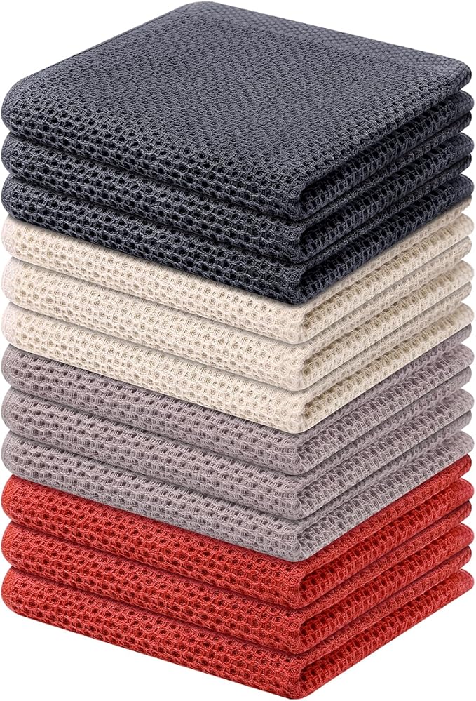 Kitinjoy 100% Cotton Kitchen Dish Cloths, 12 Pack Waffle Weave Ultra Soft Absorbent Dish Towels for Drying Dishes, Quick Drying Dish Rags, 12 X 12 Inch, Multicolor