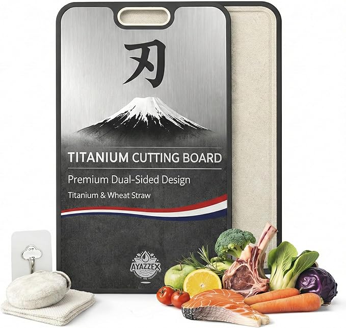 AYAZZEX Titanium Cutting Boards for Kitchen – Double-Sided Food Grade Cutting Board – 99.9% Titanium & Wheat Straw PP (15”×9”) Large Size & Ultra Durable, Easy to Clean - Includes Sponge & Pad & Hook