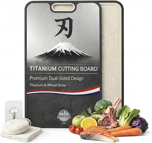AYAZZEX Titanium Cutting Boards for Kitchen – Double-Sided Food Grade Cutting Board – 99.9% Titanium & Wheat Straw PP (15”×9”) Large Size & Ultra Durable, Easy to Clean - Includes Sponge & Pad & Hook