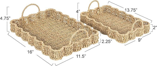 Household Essentials Woven Seagrass Scalloped Rectangular Trays, Set of 2, Natural
