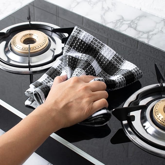 Blue Needles Waffle Weave Check Plaid Kitchen Towels, 15x25 Inches 100% Cotton Set of 6 Dish Towels for Kitchen, Ultra Soft & Absorbent for Quick Drying with Hanging Loop Spring Summer - Black & White