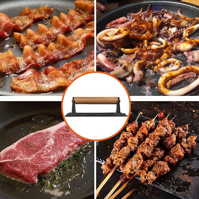 onlyfire Cast Iron Meat Press Grill Press with Wooden Handle, Great for Squeezing Fat from Meats, Flattening Bacon, Paninis, and Burgers