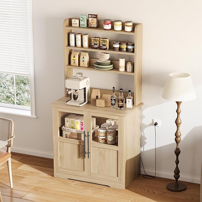 Garvee Farmhouse Bakers Rack with Glass Door, Microwave Stand with Power Outlets, Kitchen Hutch Pantry Cabinet, Kitchen Coffee Bar Cabinet for Spices, Dishes, and Pots, Wood