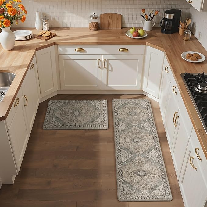 GENIMO Kitchen Mats for Floor, 2PCS Kitchen Rugs Non Slip Washable, Waterproof Anti Fatigue Mat, Comfort Standing Runner Rug for Sink, Office, Laundry, Home, 17.3"x59"+17.3"x30", Brown