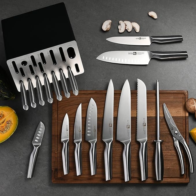 Klaus Meyer 19 Piece Contour High Carbon Stainless Steel Kitchen Knife Set with Knife Sharpener Non-Slip Handles Knife Set with Block
