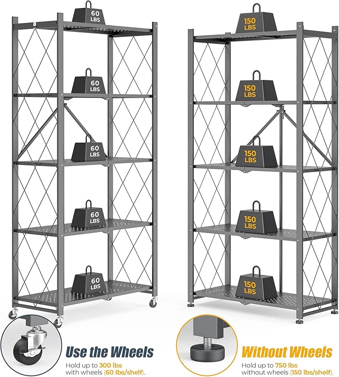 5-Tier Folding Metal Storage Rack - 63" Heavy-Duty Steel Frame with Wheels, No Assembly Utility Organizer, Rolling Shelving Unit for Kitchen, Garage, Pantry, Bedroom (Gray, 5 Tier)