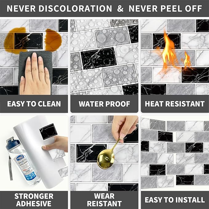 URCOLOR 10-Sheet Back Splashes for Kitchens Peel and Stick,12"x12" Self Adhesive Stick on Backsplash for Bathroom Black White Grey Marble Look