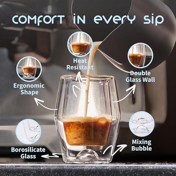 To-Go Espresso Glass Travel Mug with Lid, Reusable Double Wall Glass Tumbler, Fits Most Coffee Makers/Cupholders for Your Car, Gifts for Coffee Lovers, 2-Pack Almost Black Cortado Cups