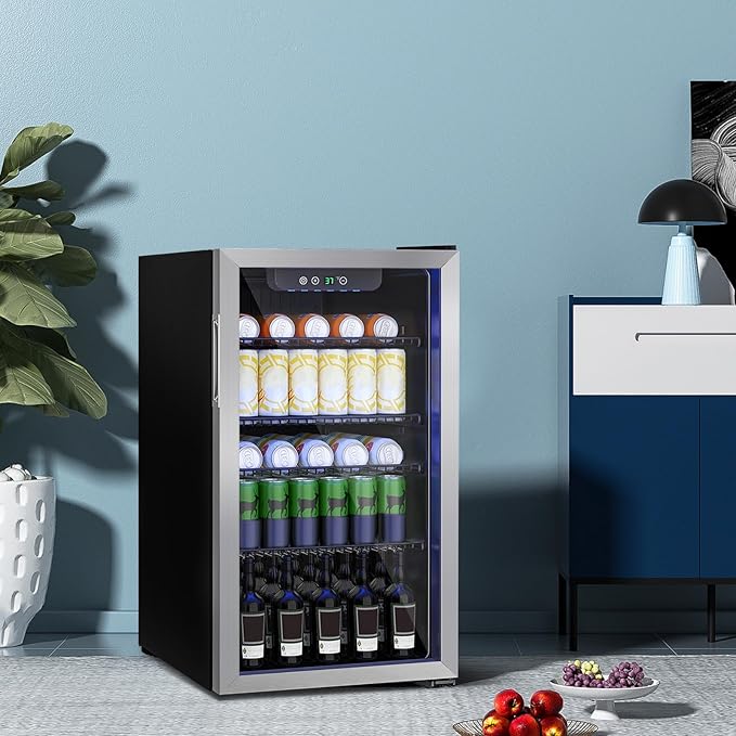 Stopasd Compact Beverage Refrigerator, 3.2 Cu.Ft/126 Can Drink Fridge with Adjustable Shelves & Glass Door for Soda Wine Beer, Quiet Undercounter Small Fridge for Home/Office/Bar/Garage,Sliver