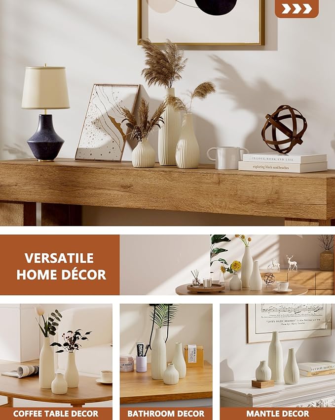 Decorative Flower Vase Set of 3 - Modern Boho Style Beige Vases, Ribbed Textures Ceramic Vase for Home Decor Shelf Bookshelf Mantle TV Stand Entryway Console, Dining Table Centerpiece Decor