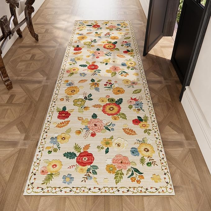 Washable Kitchen Rugs Non Slip: 2'x6' Hallway Runner Rug Stain Resistant Low Pile Floral Floor Rug with Rubber Backing Non Shedding Soft Carpet Runners for Indoor Entryway Bedside Bedroom Farmhouse
