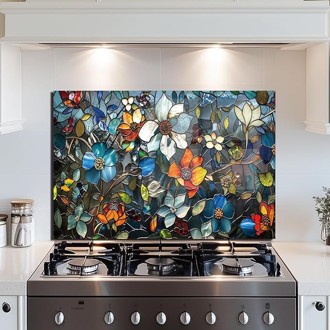 Evgosm tempered glass backsplash for stove, Pixel Flower Stove Splashback, Glass Backsplash, Used for Kitchen Wall Protection and Decoration, Easy to Install and Clean. (30x16'')
