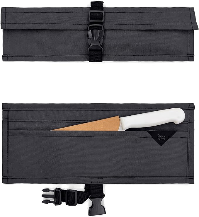 Under NY Sky Knife Roll Case - 1 Slot - Heavy Duty Oxford Canvas Pouch - Leather Reinforced - Portable Bag for Cooking Tools, Utensils, Cutlery Knives, Brushes - Chefs, Kitchen, Travel, Gift - Gray