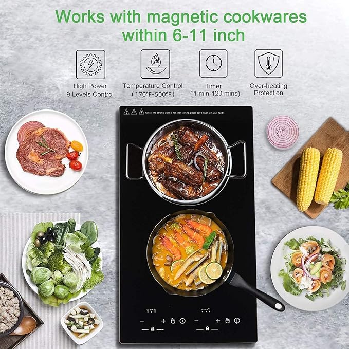 Double Induction Cooktop, WABK 2300W 2 burner Induction Cooker Cooktop, 110V Countertop & Built-in Electric Cooktop with Hot Plate, LED Touch Screen & 9 Power Levels, 2-Hour Timer and Child Lock
