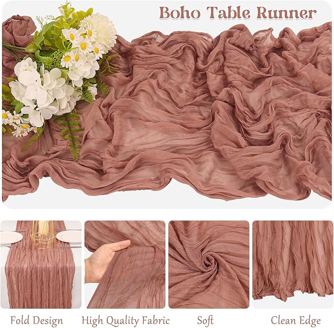 10 Pack Dusty Blush Cheesecloth Table Runner 10FT Boho Gauze Fabric Table Runner Vintage Rustic Sheer Runners for Wedding Party Bridal Baby Shower Long Table Decorations