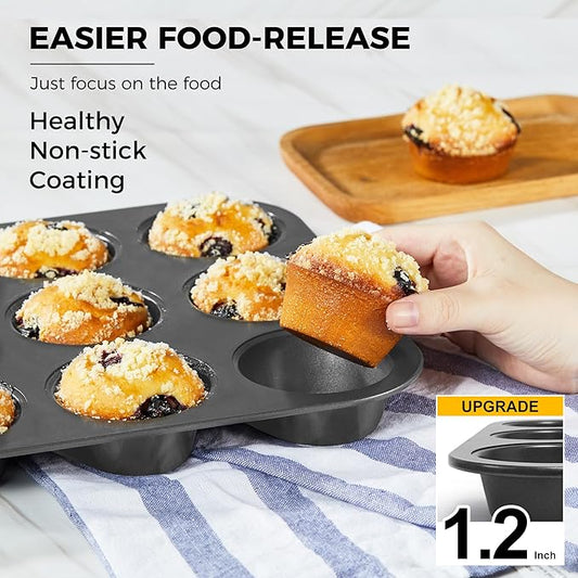 HONGBAKE Muffin Pan with 500 Cupcake Liners, Nonstick Cup Cake Tin for Baking,Premium 12 Cup Cheesecake Trays - Dark Grey