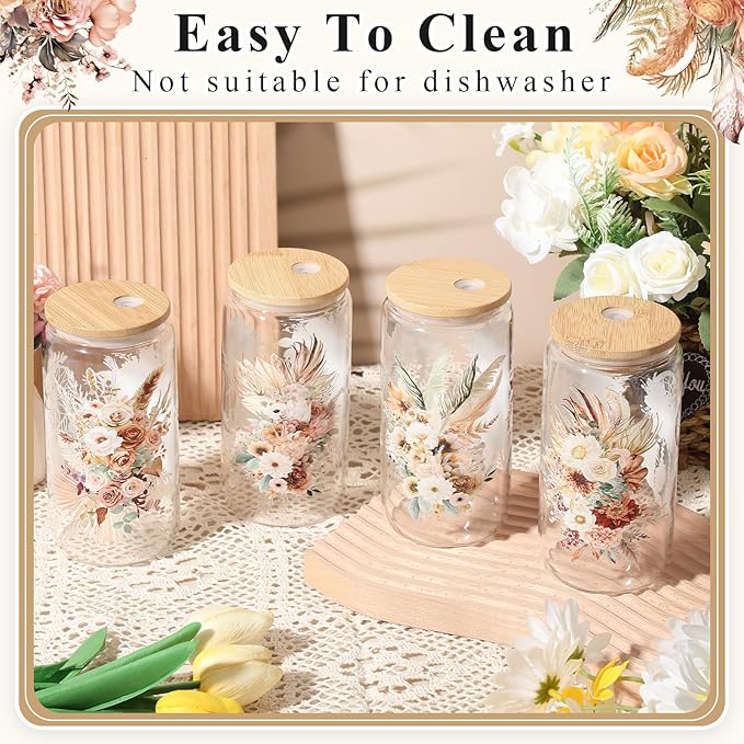 Mumufy 4 Pack Boho Floral Glass Tumbler Gift Set for Bridesmaid Gifts and Bridal Showers Soft Brown Spring Style Glass Cups