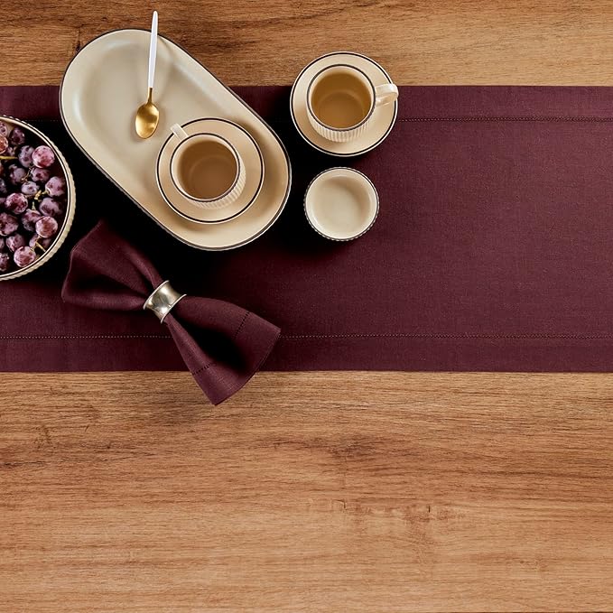 Solino Home Linen Burgundy Table Runner 156 Inches Long - 100% Pure Linen Extra Long Table Runner 14 x 156 Inch for Valentines - Classic Hemstitch