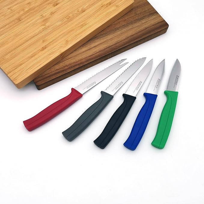 Kitchen Knife Set, MATTSTONE HILL Paring Knife Set - 4.7" Serrated Utility Knife, 3.5" Fruit & Vegetable Paring, 3" Flat Edge Peeling, German High Carbone Steel, Gray, Blue, Green