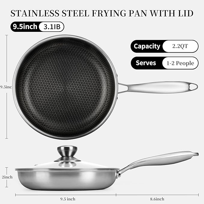 CADIVIZZO Stainless Steel Frying Pan with Lid - 9.5 Inch Nonstick Frying Pan with Lid, Honeycomb Stainless Steel Skillet Omelet Chef's Pan with Stay Cool Handle, Induction Compatible, PFOA Free