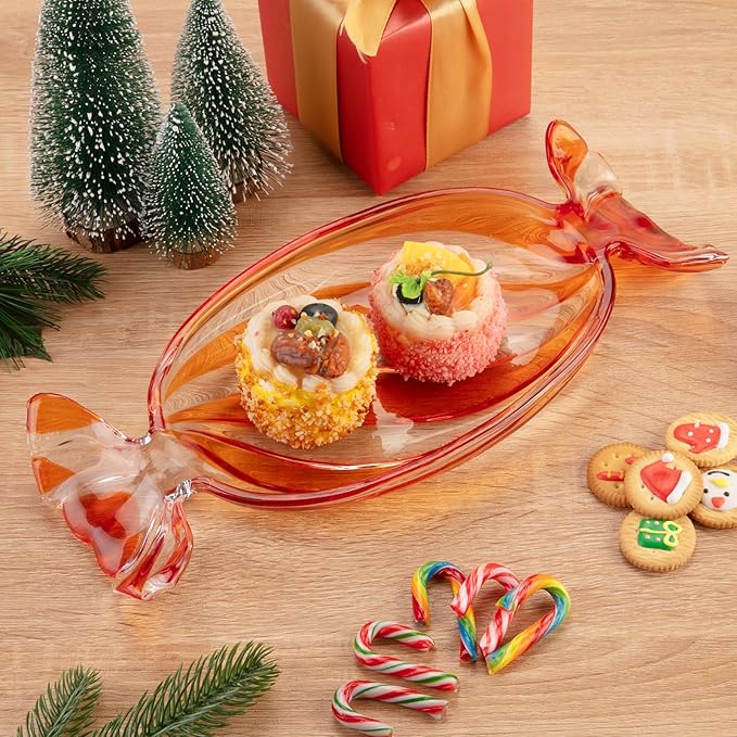 SHOWLOUE Christmas Platter Dish, Glass Candy Platter Serving Dessert Plates Christmas Dinnerware Tray Decorative Plates for Xmas Holiday Party Favor, Orange, Large