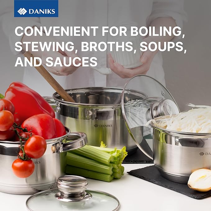Daniks Standard 2 Quart Stainless Steel Stock Pot with Glass Lid, Try-Ply Bottom for Even Heating, Induction Compatible, Dishwasher Safe, Built-In Measuring Scale, Silver