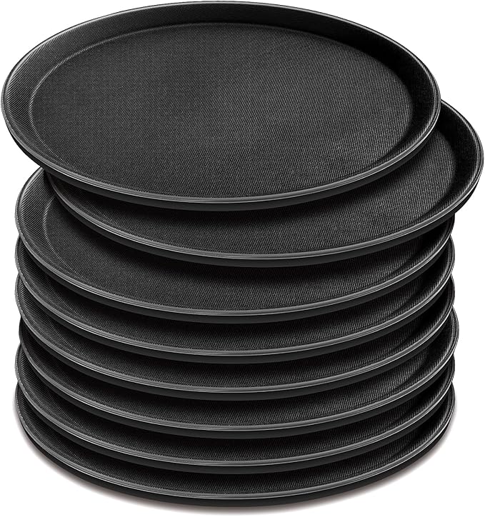 8 Pcs 16 Inch Round Serving Trays Restaurant Serving Trays Plastic Food Drink Serving Tray Non Slip Rubber Lined Black Serving Tray for Party Bar Restaurant Cocktail Cafeteria