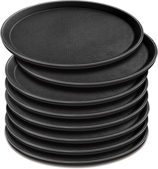 8 Pcs 16 Inch Round Serving Trays Restaurant Serving Trays Plastic Food Drink Serving Tray Non Slip Rubber Lined Black Serving Tray for Party Bar Restaurant Cocktail Cafeteria