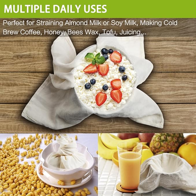 Olicity Cheese Cloths, 4PCS, Grade 100,20x20Inch Hemmed Cheese Cloth Fabric Reusable Fine Mesh Cloth Strainer, 100% Cotton Unbleached Precut Muslin Cheesecloth for Straining, Cooking, Butter,Tea,Tofu