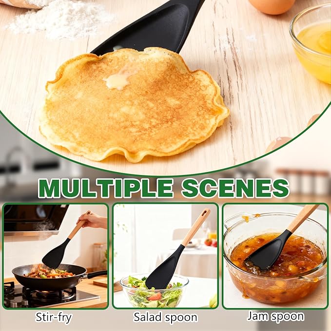 2PCS Cedar and Ash Spoon, Multifunction Nonstick Cookwares Spatula Cooking Spoon, Matte Silicone, Wood Handle Spoon for Mixing, Scoop, and Scrape (Black)