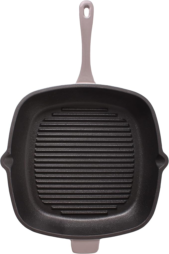 Berghoff Neo 2Pc Enameled Cast Iron Grill Set, Grill Pan 11 inches, Bacon/Steak Press 8 inches, Fast, Evenly Heat, Oven safe (Oyster)